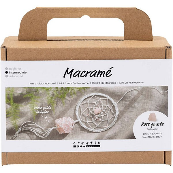 Mini DIY Kit macramé drømmefanger med rosenkvarts krystal lys rosa hvid