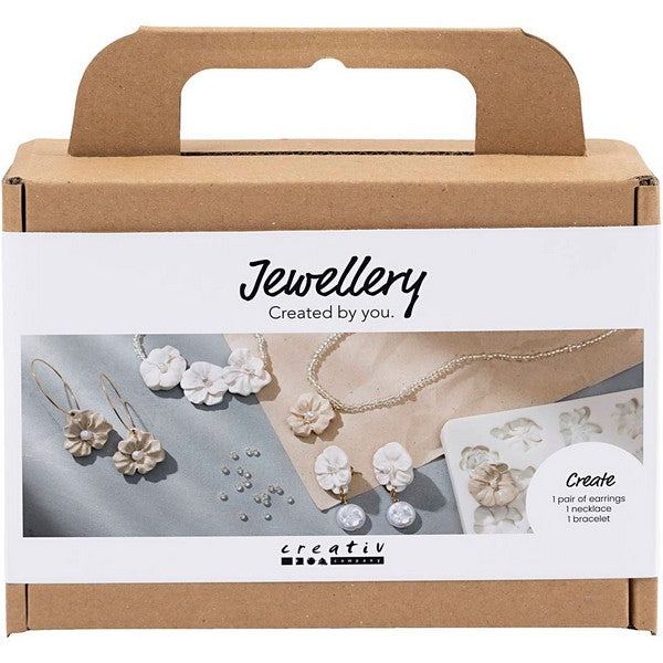Mini DIY Kit smykker øreringe armbånd og halskæde med blomsterdesign beige