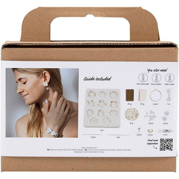 Mini DIY Kit smykker øreringe armbånd og halskæde med blomsterdesign beige