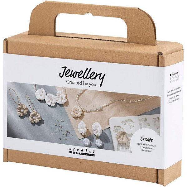 Mini DIY Kit smykker øreringe armbånd og halskæde med blomsterdesign beige